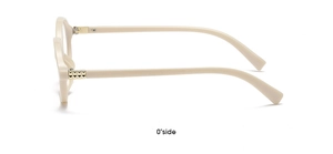Detail view of oval cream frame glasses with gold metal hinges and sleek side design