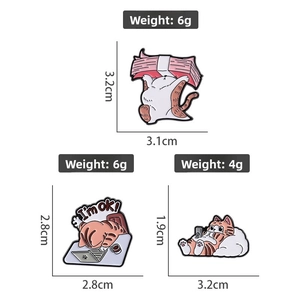 Detailed size chart for three cute cartoon cat enamel pins with precise measurements