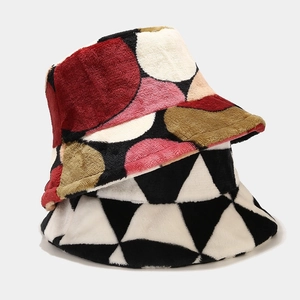 Women Winter Plush Bucket Hat Faux Fur Warm Soft Outdoor Fisherman Cap Geometric Triangle Polka Dot Print