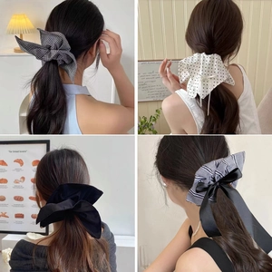 Korean style bow scrunchies set featuring plaid, polka dot, and velvet fabric textures