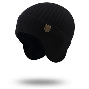Winter Knit Ear Protection Beanie Hat With Short Brim Ribbed Warm Fleece Lined Cotton Blend Metallic Shield Badge Outdoor