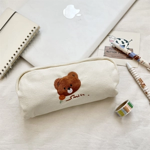 Cute bear embroidered canvas pencil case with large capacity and smile text detail