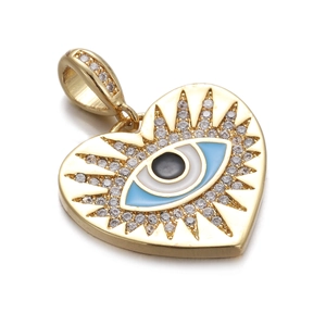 Golden heart-shaped Evil Eye pendant with clear rhinestones and blue enamel details