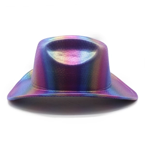 Macro shot of the vibrant holographic rainbow texture on the western cowboy hat brim