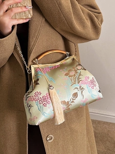 Elegant Chinese embroidery silk handbag with flower bird patterns and wooden handle