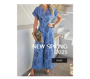 Detail of blue abstract print jumpsuit with V-neck design and high waist belt detail