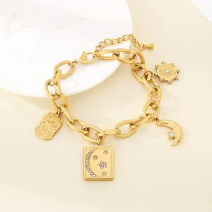 Stainless Steel Gold Plated Charm Bracelet Celestial Star Moon Sun Pendants Zirconia Inlaid Adjustable Jewelry For Women