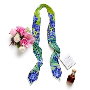 Floral oil painting style silk headband featuring Van Gogh Iris art with pink roses