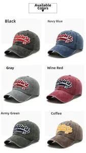 Detailed grid view of washed cotton baseball caps in six vintage colors with embroidery