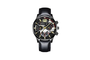 Détail de la montre à quartz Geneva avec bracelet en cuir noir et cadran calendrier