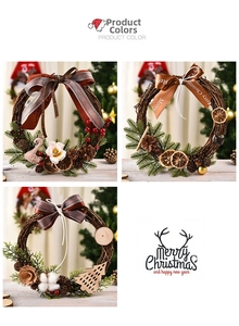 Three-piece Christmas wreath set with pine cones, cotton and red berries on rattan base