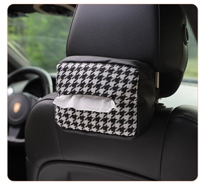 Car headrest tissue box holder with houndstooth fabric pattern and black leather trim