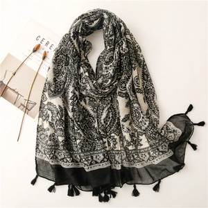 Écharpe Châle Femme Imprimé Floral Paisley Polyester Voile Toucher Coton Lin Léger Protection Solaire Gland Bohème Vintage