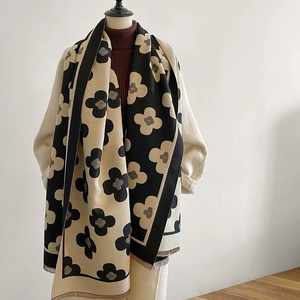 Winter floral print shawl scarf thick warm cashmere-like wrap in black beige and coffee