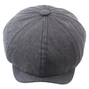 Classic dark grey washed cotton newsboy cap with vintage eight-panel design and short brim