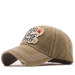 Khaki washed cotton baseball cap with DOG Vibes Only embroidery and distressed details