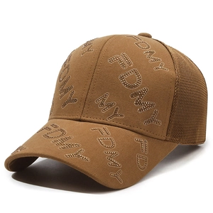 Caramel mesh baseball cap with silver rhinestone FDMY letters and curved brim