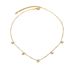 Gold stainless steel beaded necklace with five round zircon pendants and fringe tassels