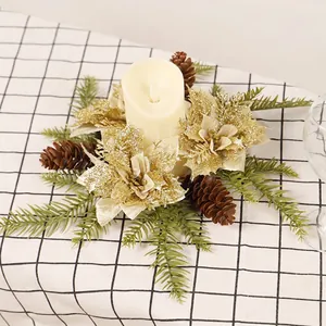 Christmas Candle Ring Golden Glitter Poinsettia Pinecone Artificial Pine Needle Holiday Dining Table Decoration Ornament