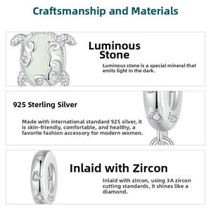 Detailed view of S925 sterling silver turtle charm with luminous stone and 3A zircon