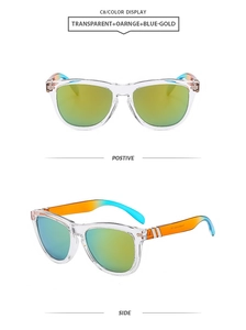 Detail view of retro square sunglasses with transparent frames and orange gradient temples