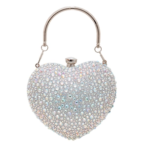 Luxury heart-shaped clutch bag with AB crystal rhinestones and metal ring handle