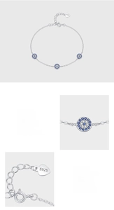 Macro shot of 925 sterling silver evil eye bracelet with hand-set 5A cubic zirconia