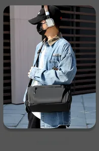 Detail of waterproof nylon crossbody bag featuring large zipper compartment and adjustable strap
