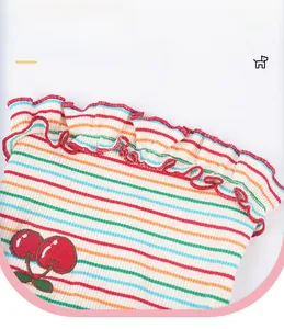 Detail of colorful rainbow striped dog dress with cherry embroidery and ruffled hem