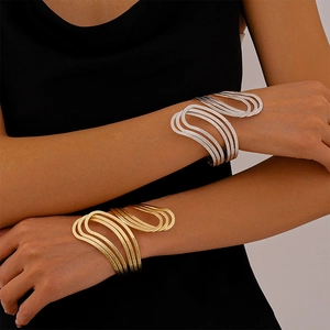 Irregular geometric multilayer open cuff bracelet in gold and silver matte finishes