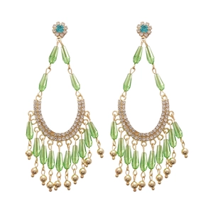 Boucles d'oreilles franges dorées avec perles goutte émeraude et pierres turquoise