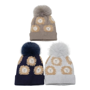 Bonnet Tricoté Pour Enfants Acrylique Chaud Hiver Motif Lion Animal Grand Pompon Mignon Extérieur Garçons Filles