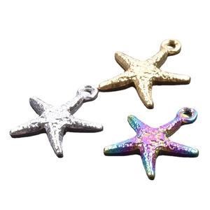 Starfish titanium steel pendants in gold, silver, and rainbow colors on white background
