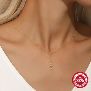 Elegant S925 sterling silver gold Y-necklace with four vertical zircon stones on model