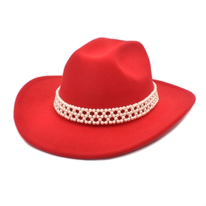 Red wool felt western cowboy hat with elegant three-row white pearl decorative band