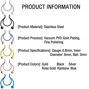 Stainless steel U-shaped septum nose rings set with 0.8mm gauge in multiple colors