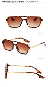 Detailed views of tortoiseshell square sunglasses with gradient brown lenses and gold arms