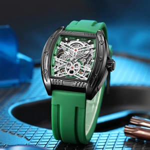 MEGIR sports mechanical watch with tonneau case, skeleton dial and green silicone strap