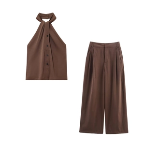 Women's 2-piece coffee brown set with halter button top and pleated wide-leg trousers