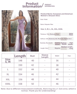 Detailed size chart for the sequin violet evening dress with straps and slit design