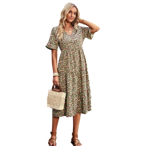 Women floral v-neck short sleeve dress with tiered ruffle hem in a green floral print