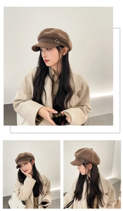 Detail shots of brown wool newsboy cap showing front and side views on a female model
