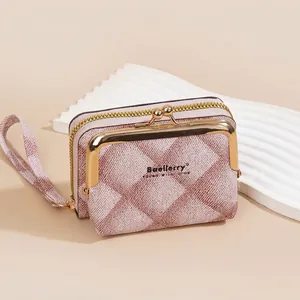 Women Mini Wallet PU Leather Grid Pattern Kiss-Lock Zipper RFID Card Holder With Wrist Strap Elegant Handheld Purse