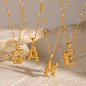 Golden 3D balloon letter pendant necklaces SAKE with beaded stainless steel chain