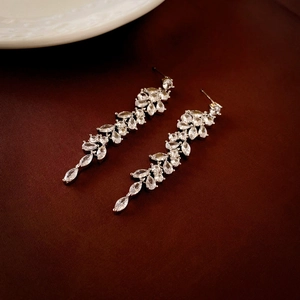 Leaf Branch Drop Tassel Earrings With 925 Sterling Silver Earring Post Zircon Inlaid Copper Jewelry Women Elegant