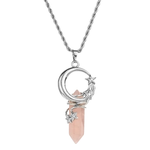 Pink crystal hexagonal column necklace with crescent moon and star wrapping