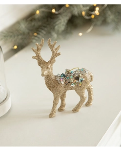 Exquisite champagne gold reindeer ornament with glitter and colorful sequins for Christmas