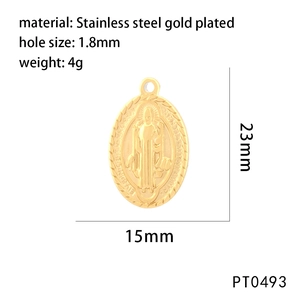 Detailed specs of gold-plated stainless steel religious pendant measuring 23x15mm