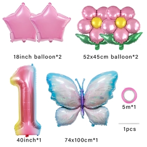 Detail of 6-piece pink butterfly and gradient number 1 foil balloon set for birthday decor