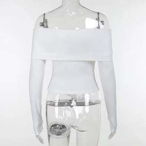 Rear view detail of off-shoulder long sleeve crop top in white elastic knit fabric